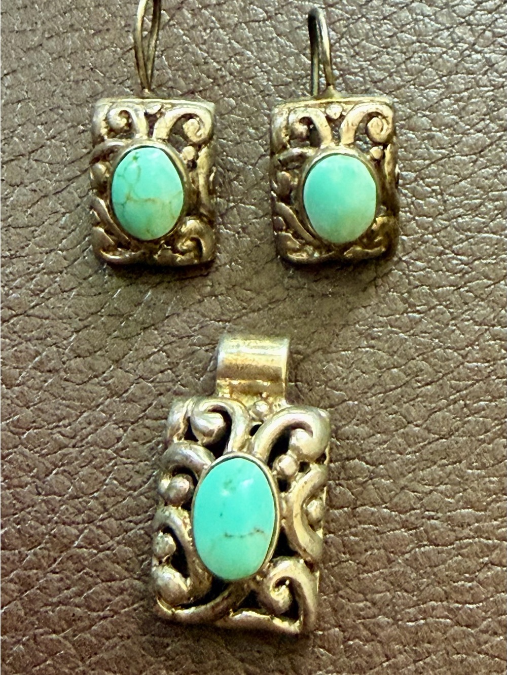 Vintage Sterling Silver 925 Chunky Turquoise Stone Drop Earrings And Pendant